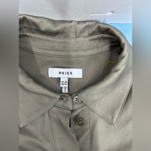 Reiss Rocco satin button up shirt blouse Size 10 neutral khaki tan - Picture 7 of 8